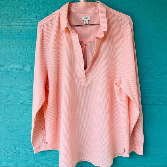 J.CREW LINEN POPOVER V-NECK TUNIC TOP ORANGE SHERBET WHITE STRIPE SIZE XL - Picture 5 of 6
